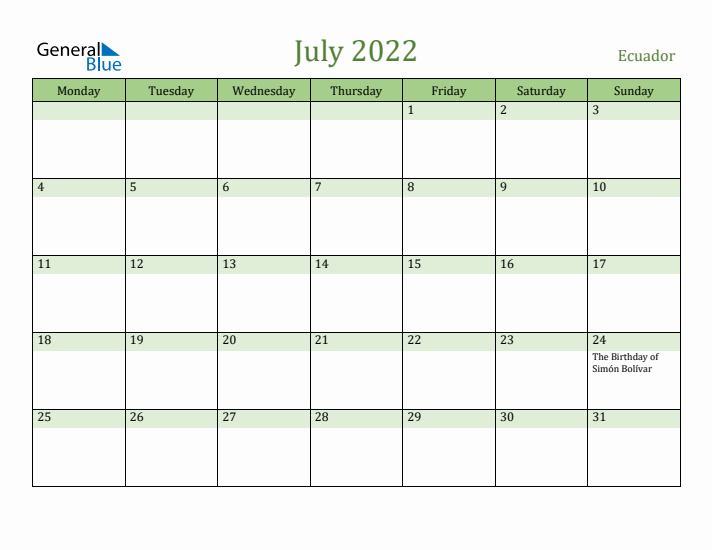 July 2022 Calendar with Ecuador Holidays