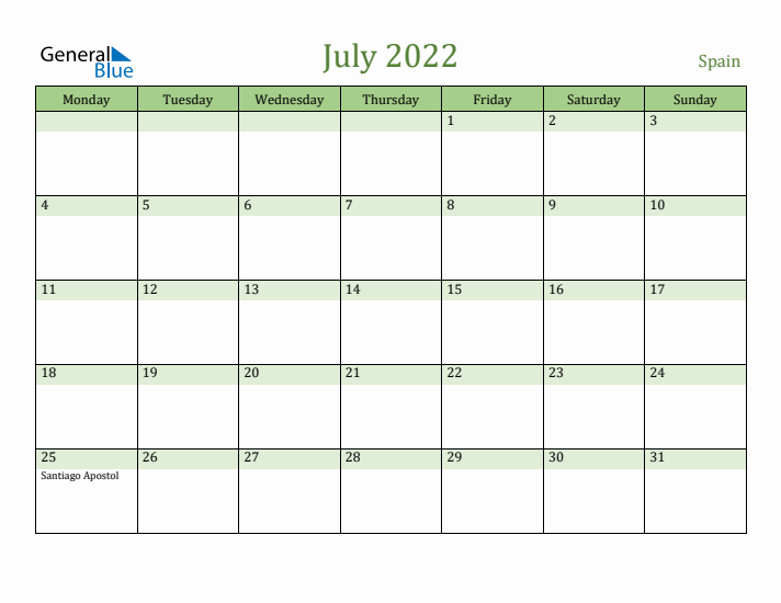 July 2022 Calendar with Spain Holidays