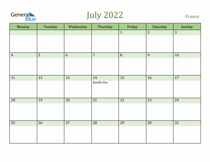July 2022 Calendar with France Holidays