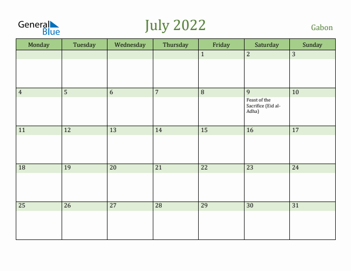 July 2022 Calendar with Gabon Holidays