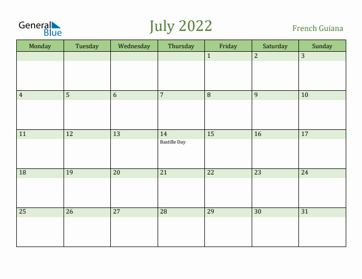 July 2022 Calendar with French Guiana Holidays
