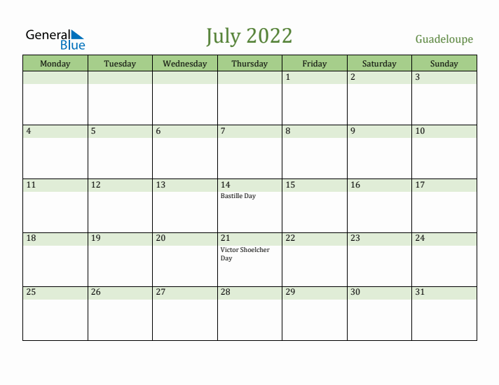 July 2022 Calendar with Guadeloupe Holidays