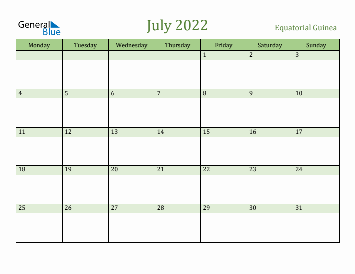 July 2022 Calendar with Equatorial Guinea Holidays