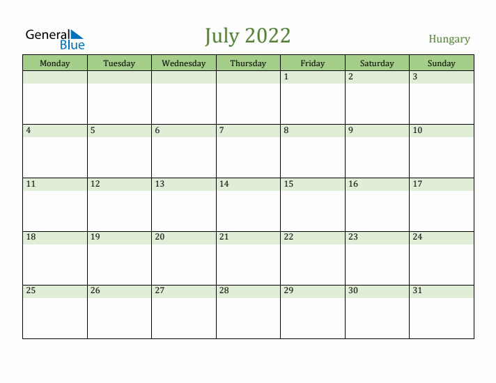 July 2022 Calendar with Hungary Holidays