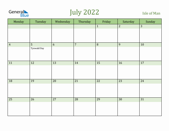 July 2022 Calendar with Isle of Man Holidays