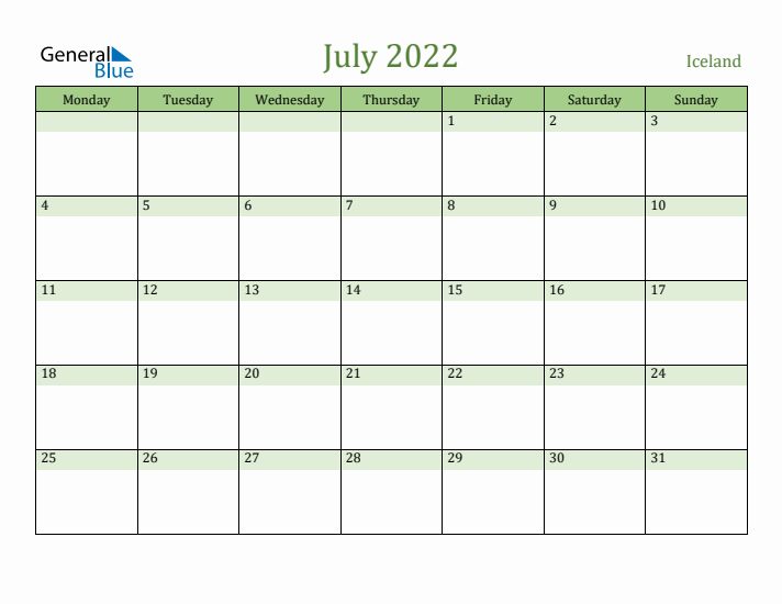 July 2022 Calendar with Iceland Holidays