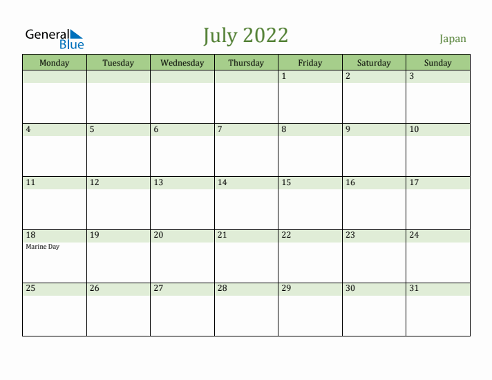July 2022 Calendar with Japan Holidays