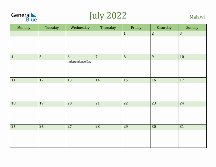 July 2022 Calendar with Malawi Holidays