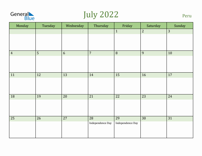 July 2022 Calendar with Peru Holidays