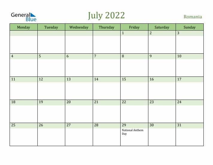 July 2022 Calendar with Romania Holidays