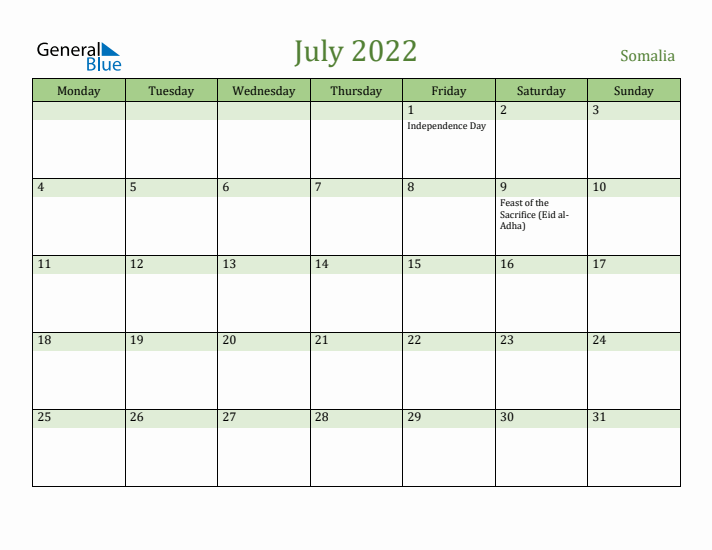 July 2022 Calendar with Somalia Holidays