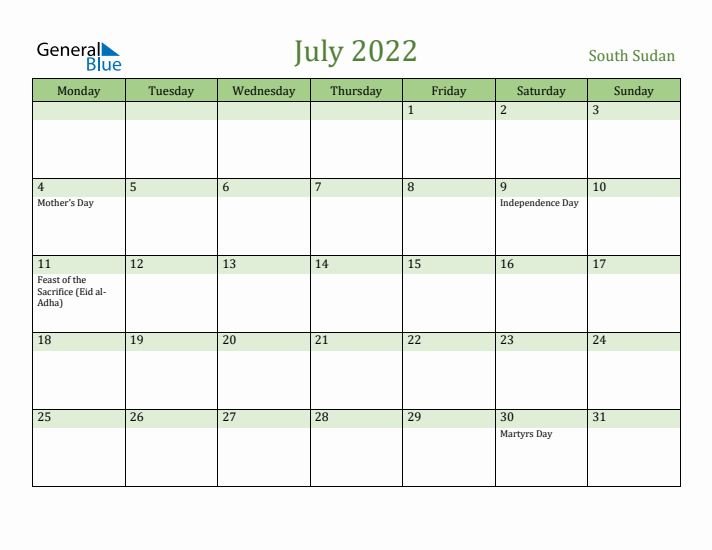 July 2022 Calendar with South Sudan Holidays