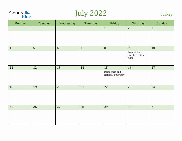 July 2022 Calendar with Turkey Holidays
