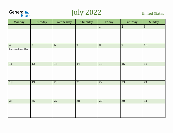 July 2022 Calendar with United States Holidays
