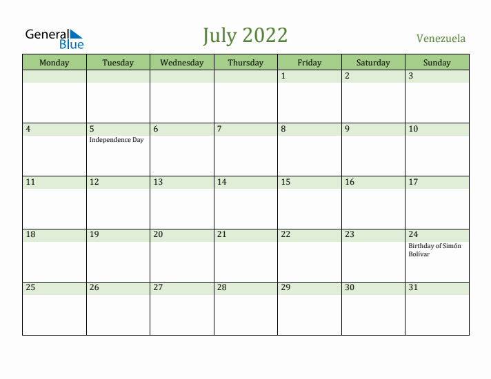 July 2022 Calendar with Venezuela Holidays