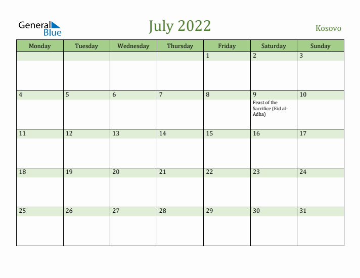 July 2022 Calendar with Kosovo Holidays