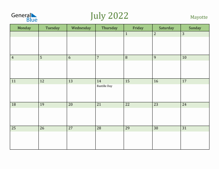 July 2022 Calendar with Mayotte Holidays
