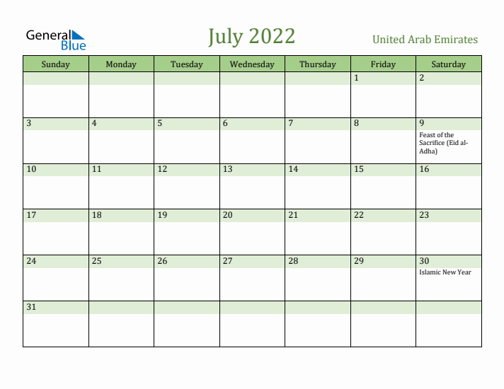 July 2022 Calendar with United Arab Emirates Holidays