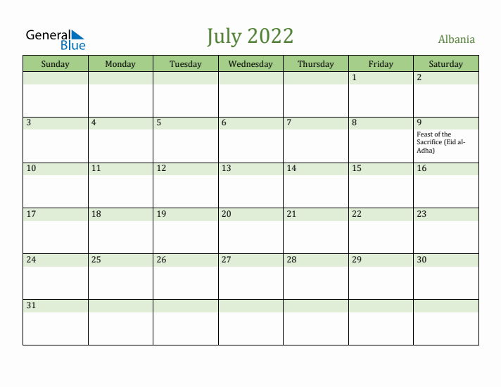 July 2022 Calendar with Albania Holidays