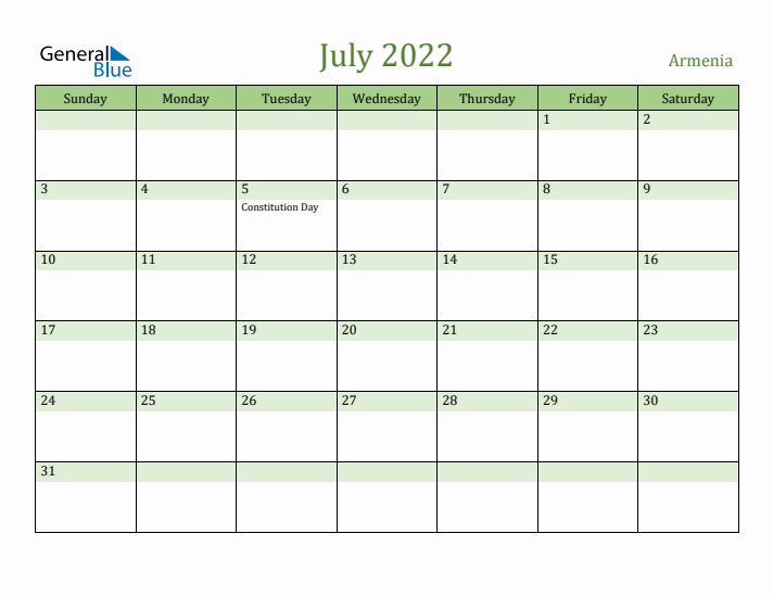 July 2022 Calendar with Armenia Holidays