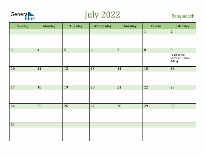 July 2022 Calendar with Bangladesh Holidays