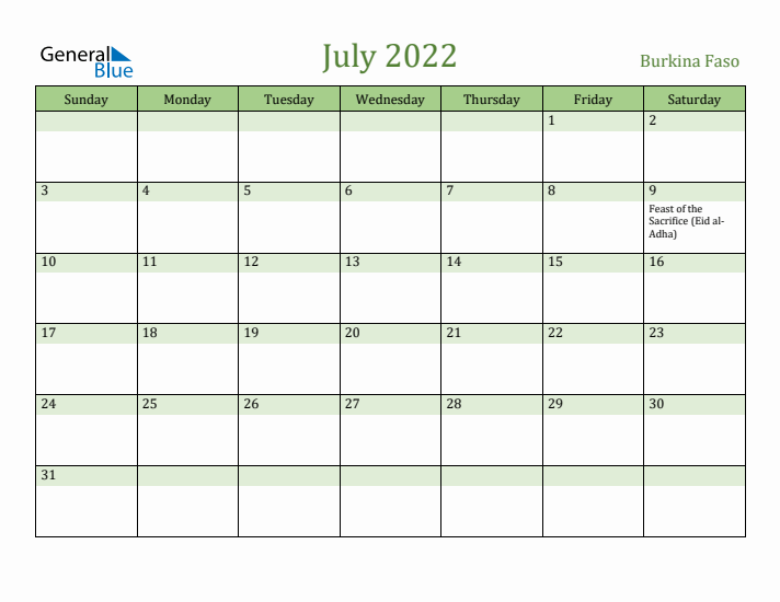 July 2022 Calendar with Burkina Faso Holidays
