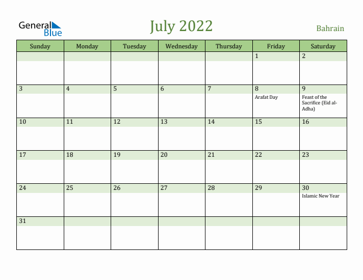 July 2022 Calendar with Bahrain Holidays
