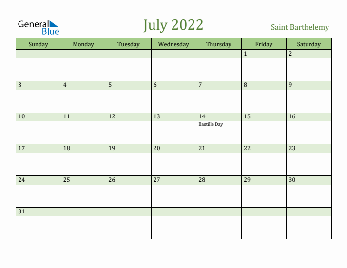 July 2022 Calendar with Saint Barthelemy Holidays