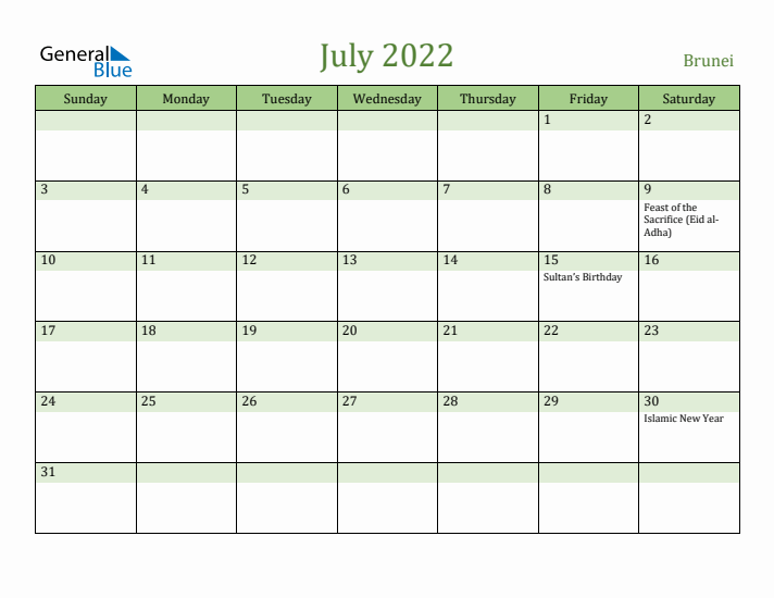 July 2022 Calendar with Brunei Holidays