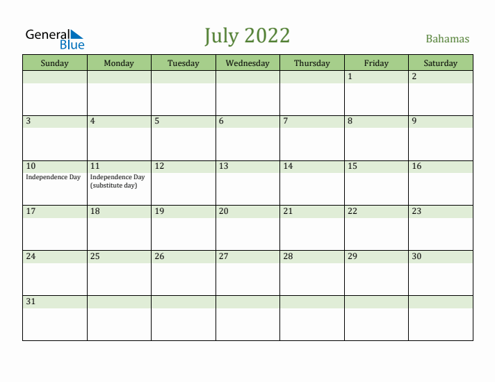 July 2022 Calendar with Bahamas Holidays