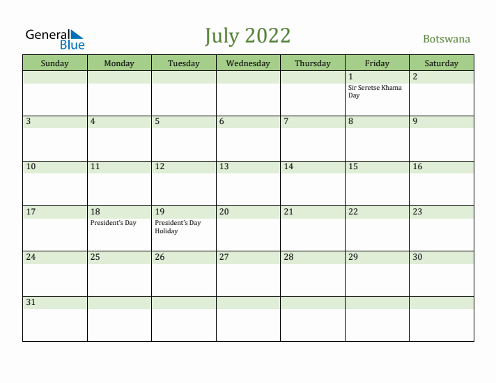 July 2022 Calendar with Botswana Holidays