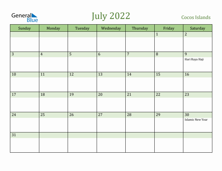 July 2022 Calendar with Cocos Islands Holidays
