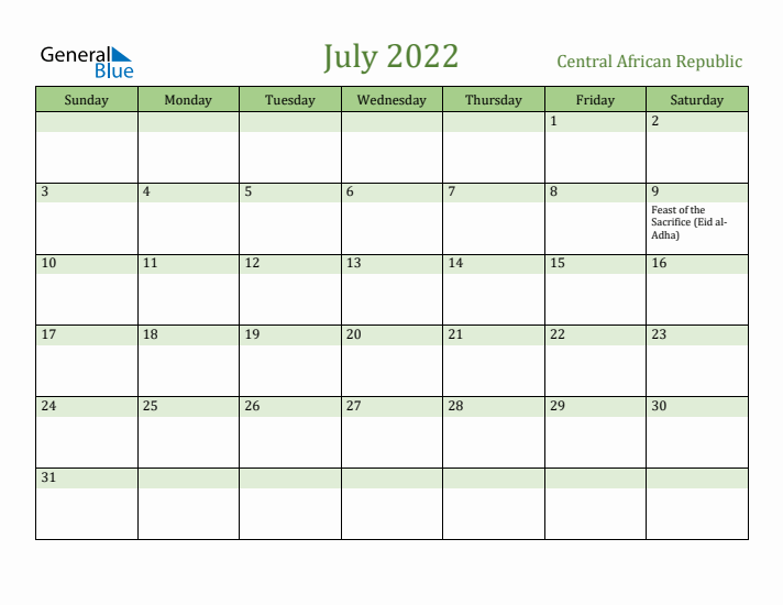 July 2022 Calendar with Central African Republic Holidays