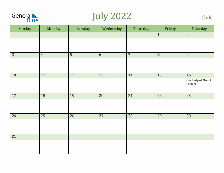 July 2022 Calendar with Chile Holidays