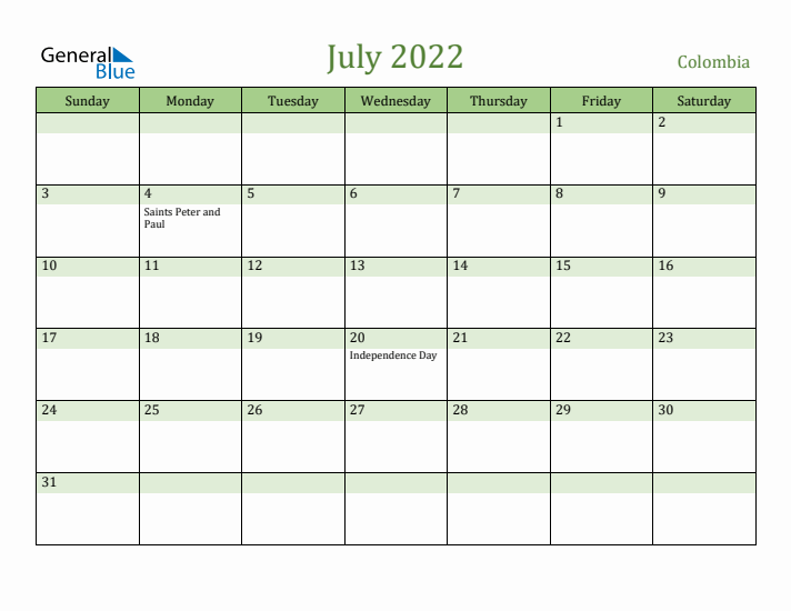 July 2022 Calendar with Colombia Holidays