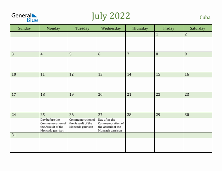 July 2022 Calendar with Cuba Holidays