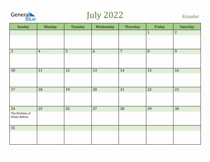 July 2022 Calendar with Ecuador Holidays