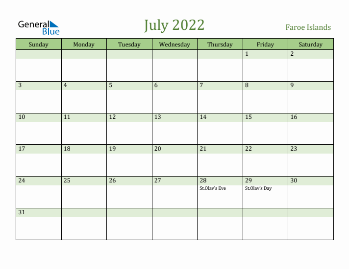 July 2022 Calendar with Faroe Islands Holidays