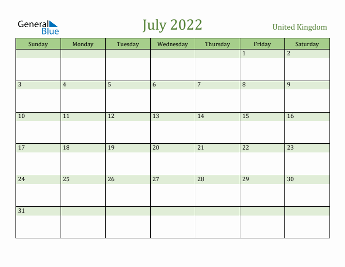 July 2022 Calendar with United Kingdom Holidays