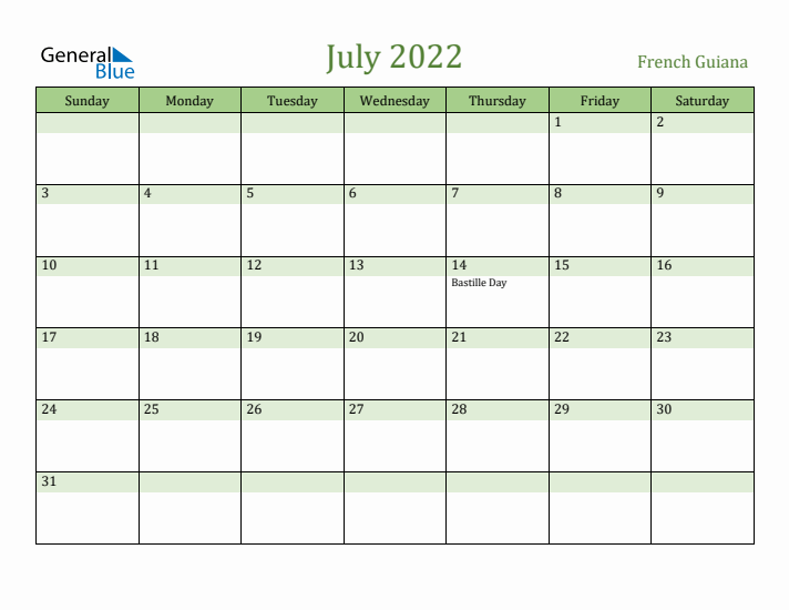 July 2022 Calendar with French Guiana Holidays