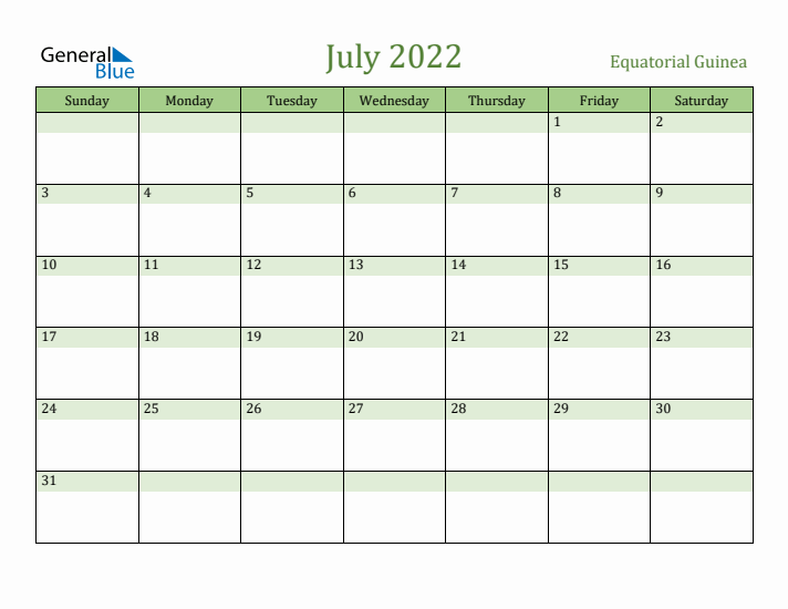 July 2022 Calendar with Equatorial Guinea Holidays