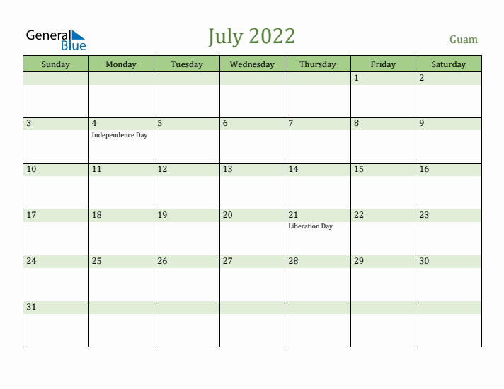 July 2022 Calendar with Guam Holidays