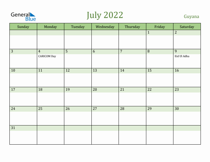 July 2022 Calendar with Guyana Holidays