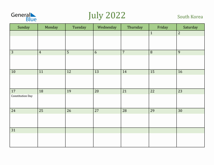 July 2022 Calendar with South Korea Holidays