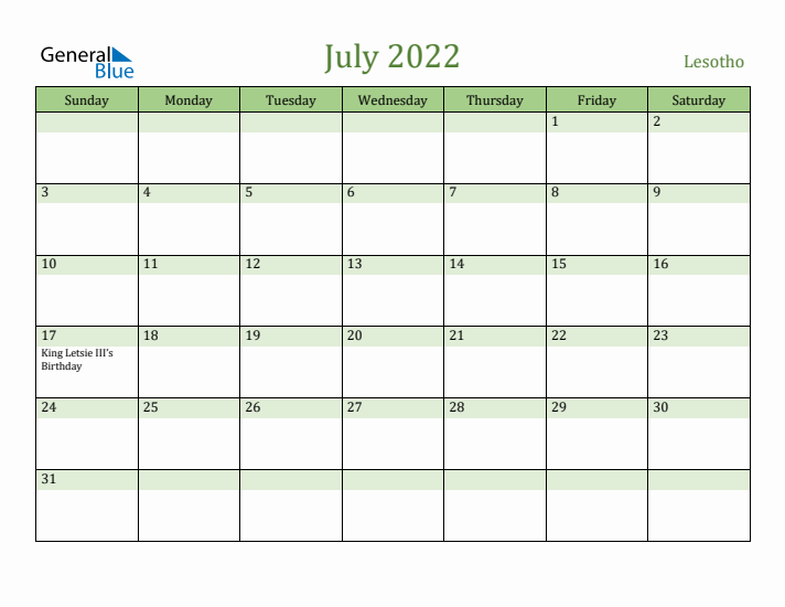 July 2022 Calendar with Lesotho Holidays