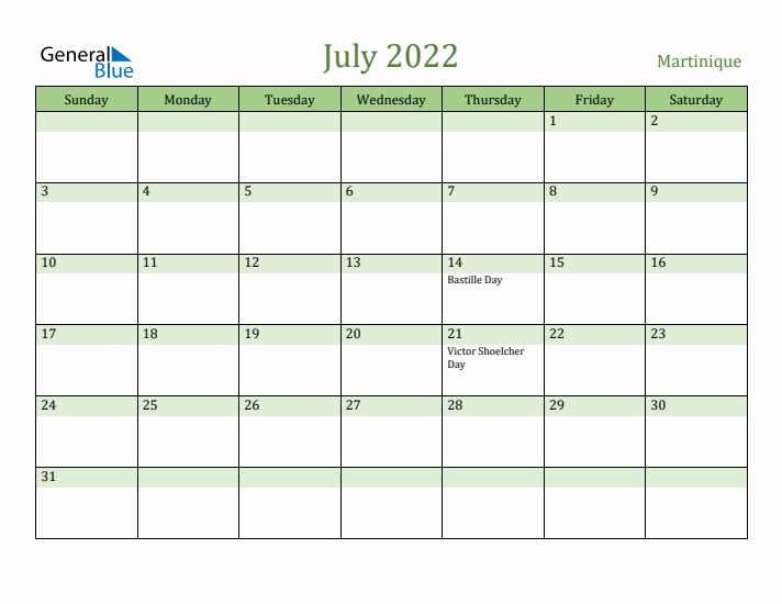 July 2022 Calendar with Martinique Holidays