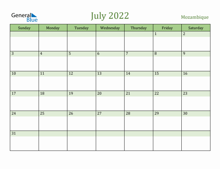 July 2022 Calendar with Mozambique Holidays