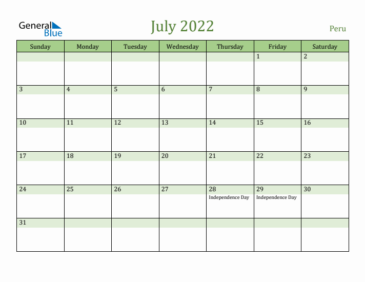July 2022 Calendar with Peru Holidays