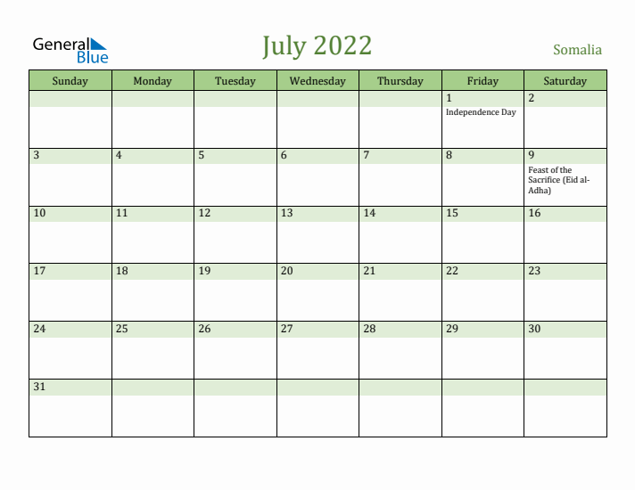 July 2022 Calendar with Somalia Holidays