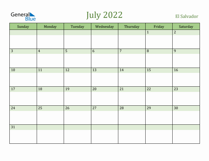 July 2022 Calendar with El Salvador Holidays